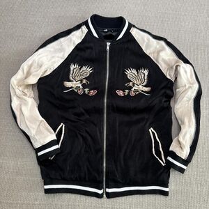 Black Satin Bomber Jacket w/ Embroidered Hawk + Rose Patches Japanese Style XS